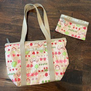 LESPORTSAC Rare 2004 Pattern Suburbia Handbag Tote Matching Zip Pouch
